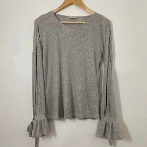 Lucky Brand Sweater Womens Small Ribbed Lightweight Tie Bell Sleeve Gray